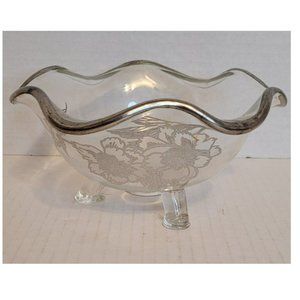Vtg SILVER CITY Glass Co Flander Clear Ruffle Floral Overlay 3 Footed 6.5" Bowl